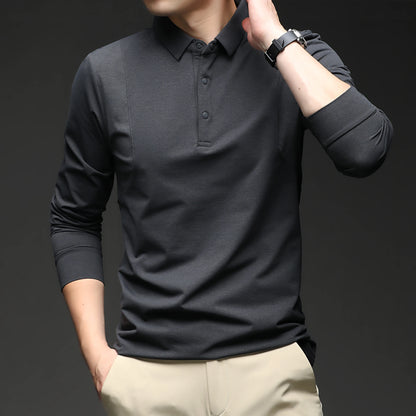 High-end 2026 New Polo Shirt for Men's Top Versatile Casual Business Style Solid Color Long-sleeved Lapel T-shirt Lapel  Shirt