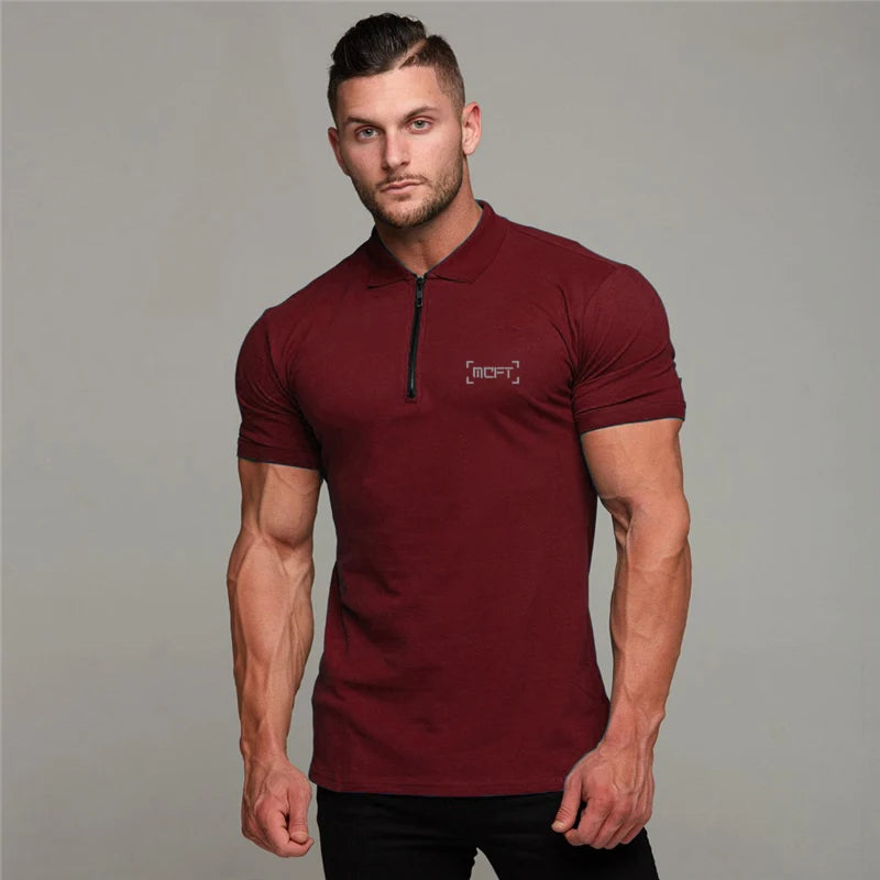 Men Casual Fashion Short Sleeve Slim Fit Zip Collar Cotton Polo Shirts Gym Fitness Summer Breathable Cool Feeling Muscle Shirt