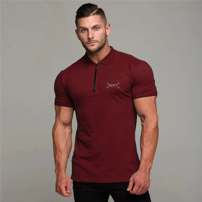 Men Casual Fashion Short Sleeve Slim Fit Zip Collar Cotton Polo Shirts Gym Fitness Summer Breathable Cool Feeling Muscle Shirt