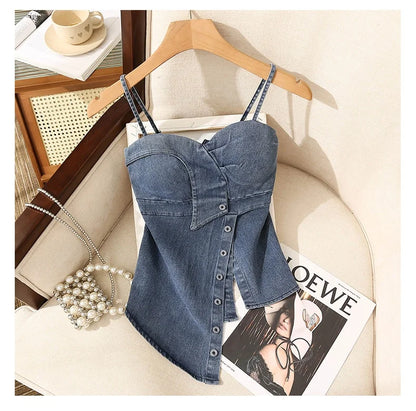 Irregular Halter Neck Denim Crop Top Women Summer Outdoor Wear with Chest Pad Slimming Sexy Girl Shirt Short Length Zipper