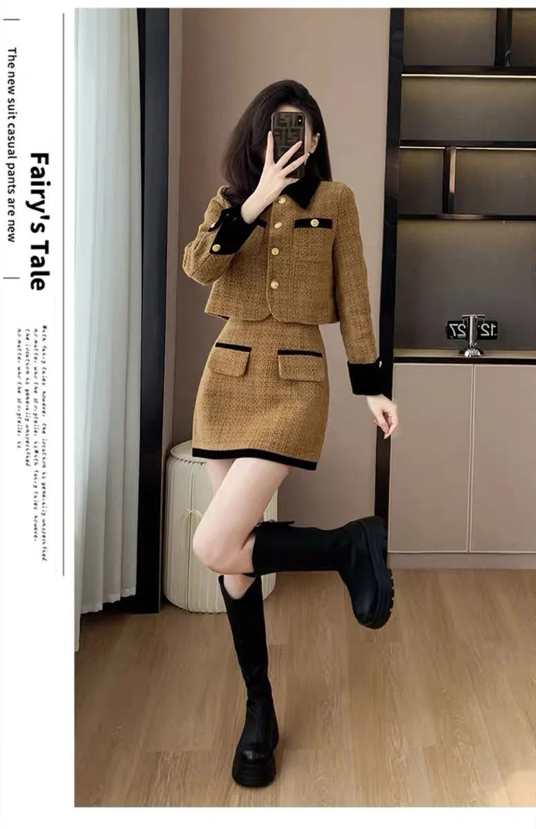 High-End  Style Women's Outerwear Set Autumn Winter New Design High Waist  Skirt Two-Piece Suit Fashionable And Warm