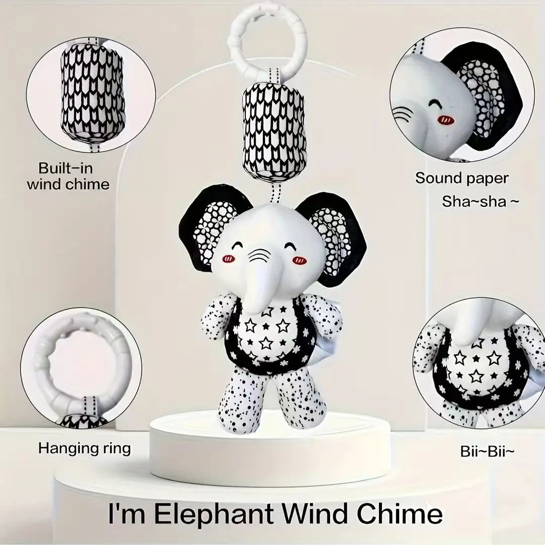 Portable Plush Baby Toy with Wind Chime and Rattle, Black White Design for Stroller Crib Hanging Decor, Safe Cute Newborn Gift
