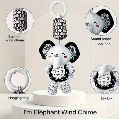 Portable Plush Baby Toy with Wind Chime and Rattle, Black White Design for Stroller Crib Hanging Decor, Safe Cute Newborn Gift