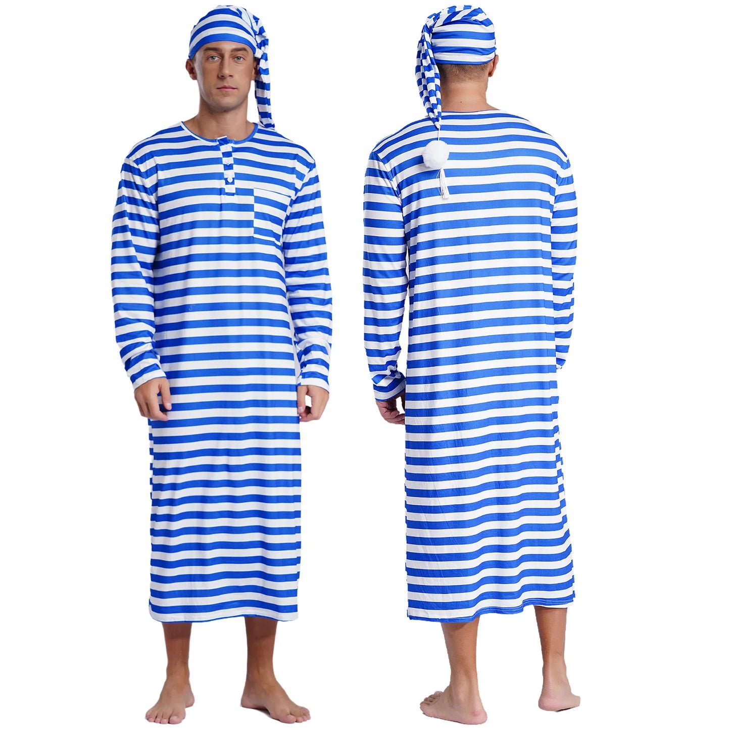 Mens Striped Long Sleeve Nightshirts Sleepwear Round Neck Loose Pajamas Robe Sleepshirt with Night Cap Christmas Loungewear
