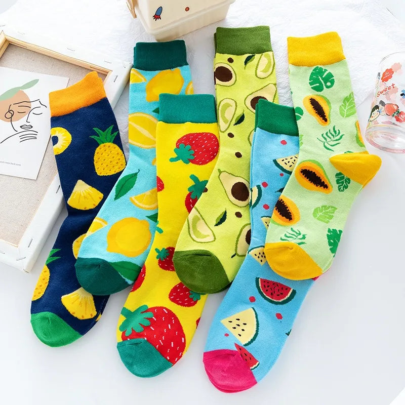 5 Pairs Fruit Print Socks Mid-Calf Funny Food Design Pineapple Watermelon Cotton Socks for Men Women Couple EU 37-45 US 6-12