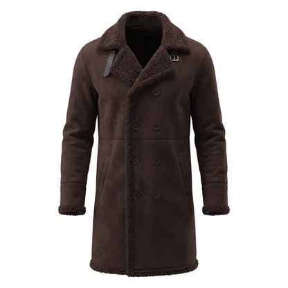 Men’s Winter Fleece-Lined Jacket Thickened Faux Fur Windproof Coat Double-Breasted Belted Trench  Outdoor Hunting Hiking Male