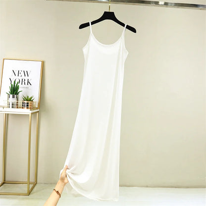Summer Thin Ice Silk A-Line Dress Women's Casual Long Gown Inner Wear Vest Dress plus Size Korean Style Loose Waist Design
