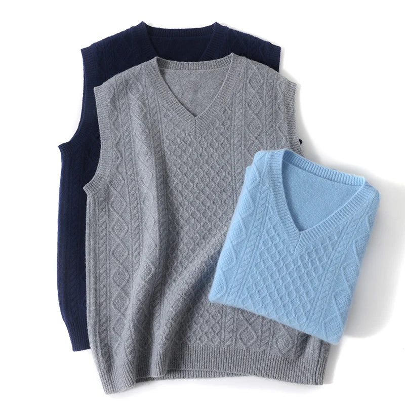 Autumn and winter new 100% pure wool men's V-neck sleeveless vest solid color fashion casual loose knit vest.