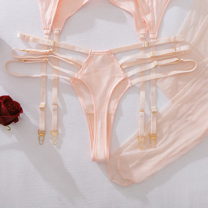 2025 French style hanging neck pure desire sexy steel ring gathering shaping underwear split set with leg socks