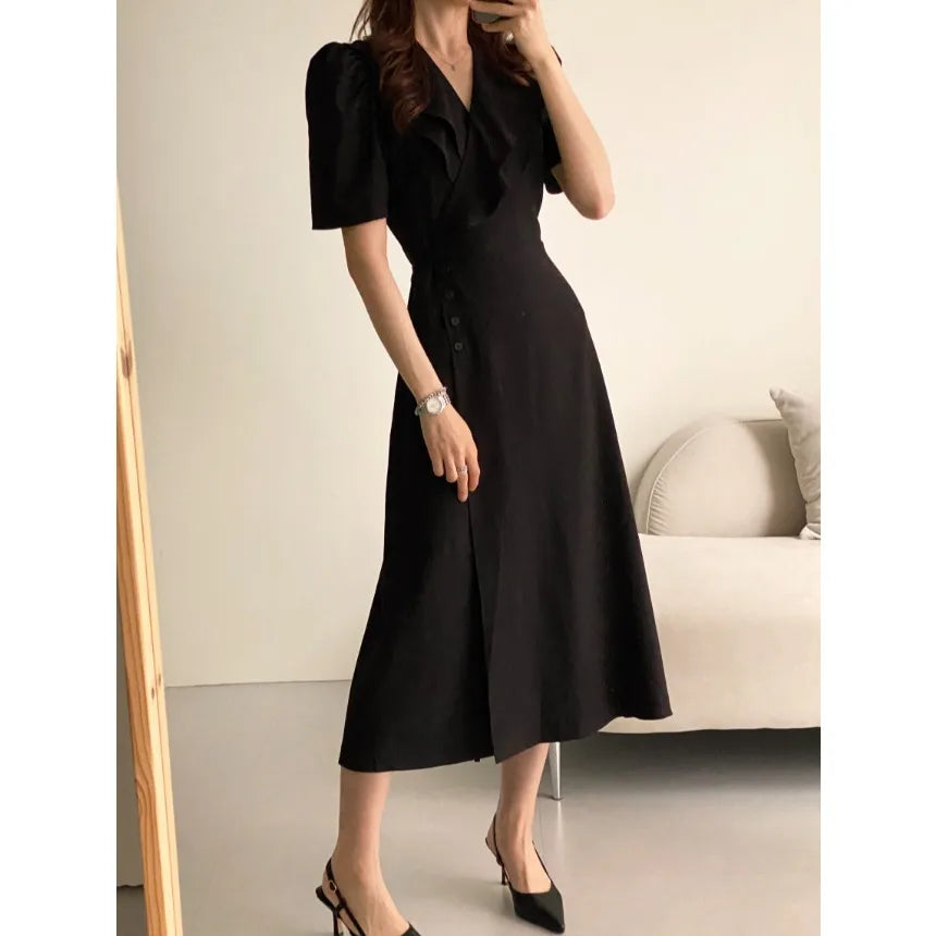 Retro Double Layered Collar Bubble Sleeve  Dress Elegant Short Sleeve V Neck Summer Casual Women's Dress