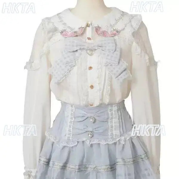 Japanese Mass Produced New Sweet Doll Collar Lolita Strawberry White Shirt Female 2026 Spring Pleated Lace Bow Blouses Top Women