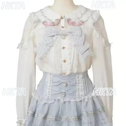 Japanese Mass Produced New Sweet Doll Collar Lolita Strawberry White Shirt Female 2026 Spring Pleated Lace Bow Blouses Top Women