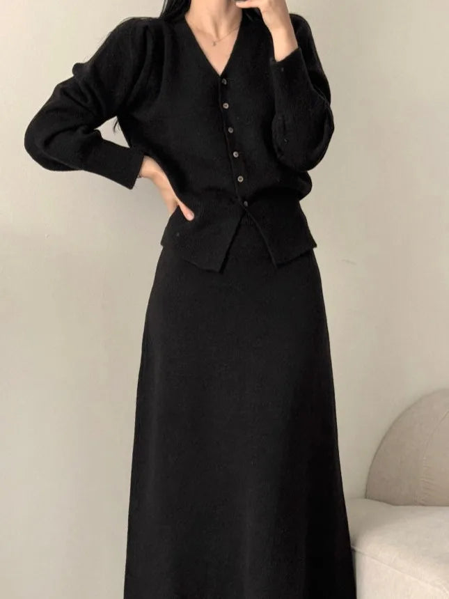 Autumn Winter V-Neck Single Button Knitted Cardigan Women's High Waist Wrap Body Skirt Korean Style Fashion Set High Quality
