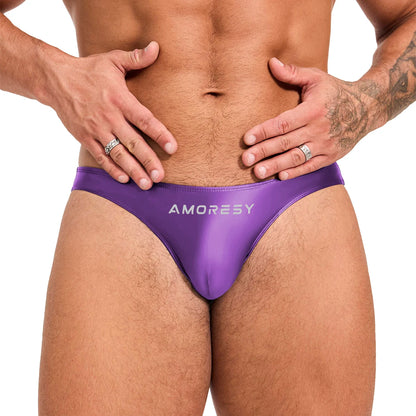 AMORESY Oceanus Men Glossy Stretch Low Rise T-shaped Briefs Gym Fitness Sport Comfort Breathable Thong Underpants Swimming Trunk