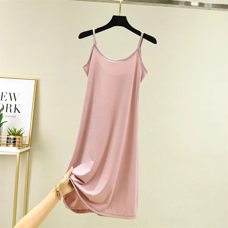 Summer Thin Ice Silk A-Line Dress Women's Casual Long Gown Inner Wear Vest Dress plus Size Korean Style Loose Waist Design