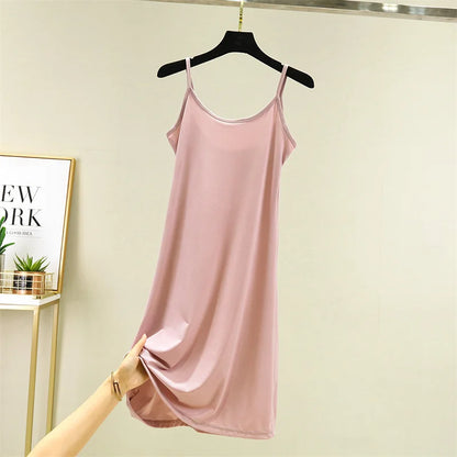 Summer Thin Ice Silk A-Line Dress Women's Casual Long Gown Inner Wear Vest Dress plus Size Korean Style Loose Waist Design