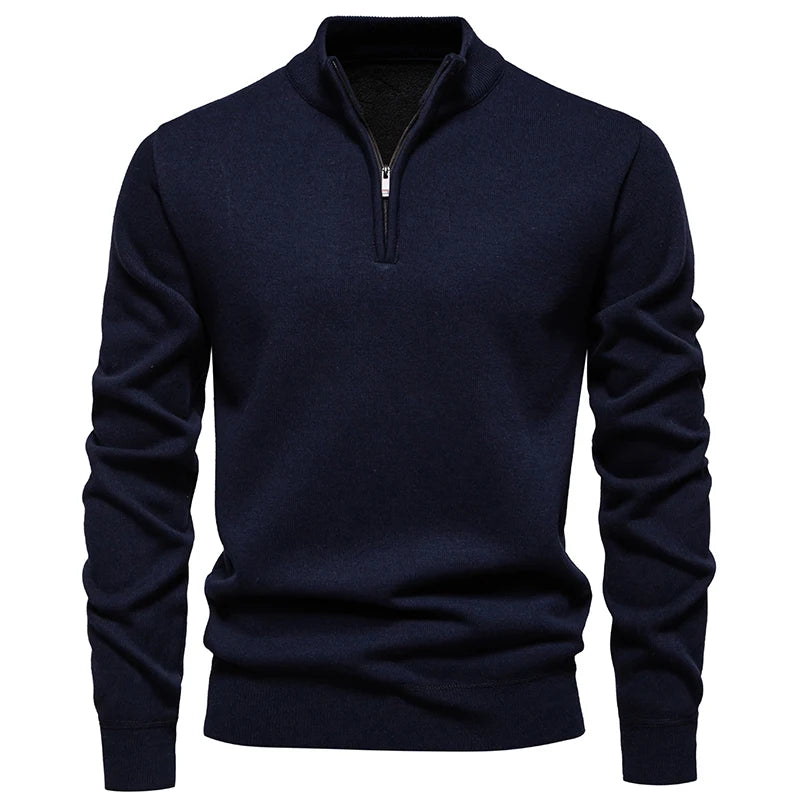 Men's Fall Winter Half-Zip Stand Collar Fleece Pullover Sweater, Casual Youth Trend Plain Knit Top, Comfortable Versatile Clothi