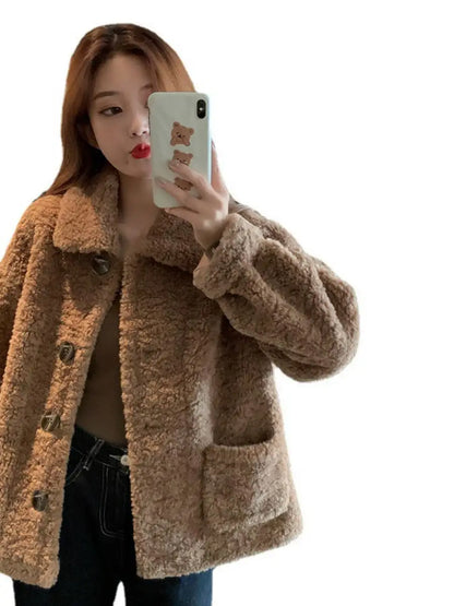 Lamb Fur Hoodie Jacket Women's Short Loose Style Korean Version Student Versatile Trendy Cardigan Top for Autumn Winter