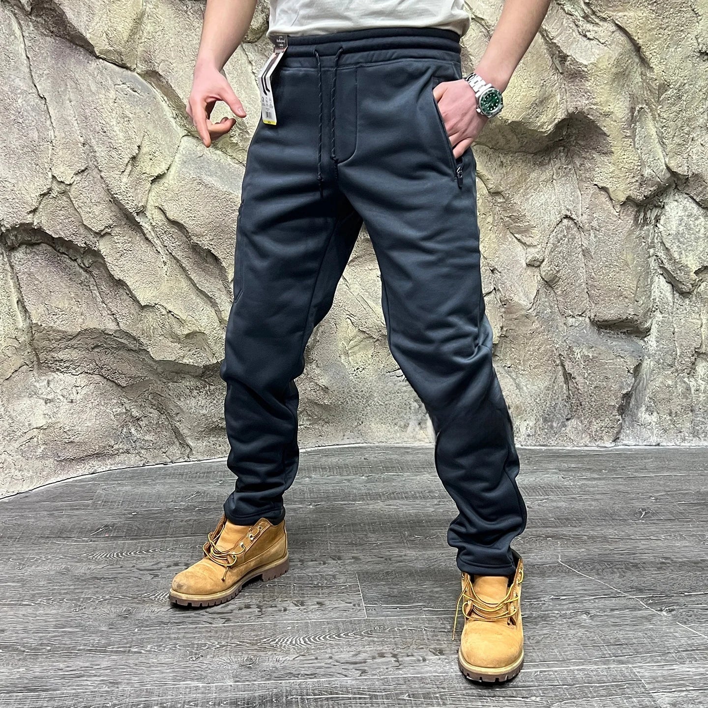 Thickened Fleece Lined Knitted Work Trousers Quick Dry Warm Elastic Outdoor Casual Multi Pockets Men's Autumn Winter Long Pants