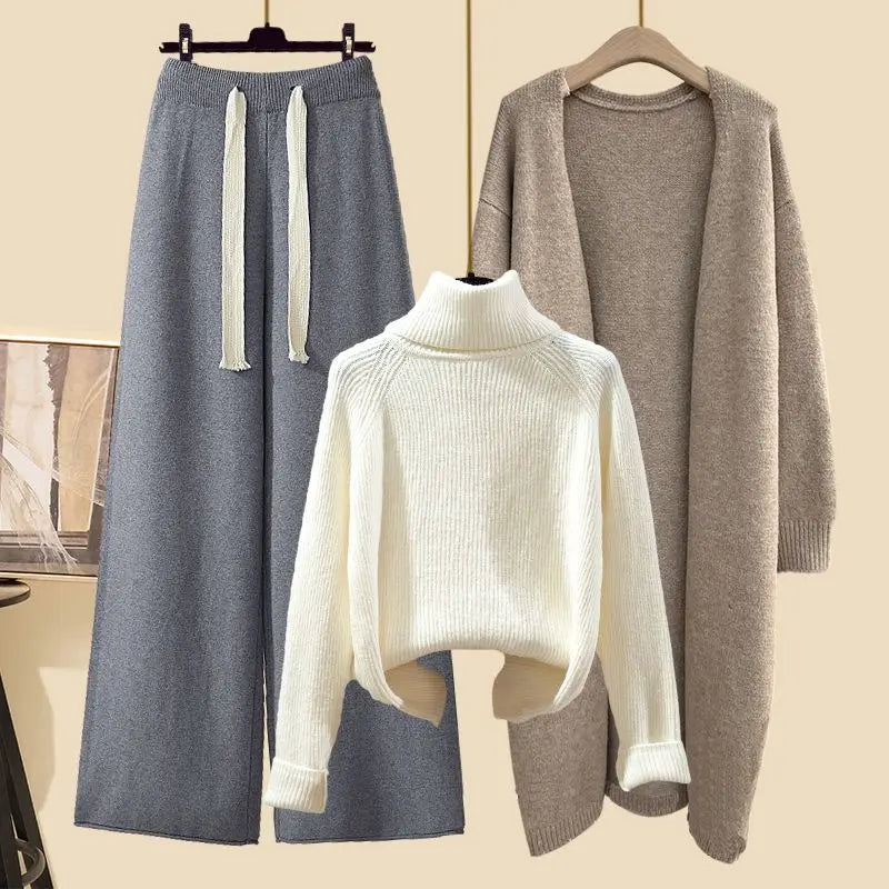 Fashionable Knitted Three-Piece Set Women's Autumn New Lazy Style Open Cardigan Outerwear Slimming Wide Leg Pants