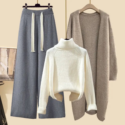 Fashionable Knitted Three-Piece Set Women's Autumn New Lazy Style Open Cardigan Outerwear Slimming Wide Leg Pants
