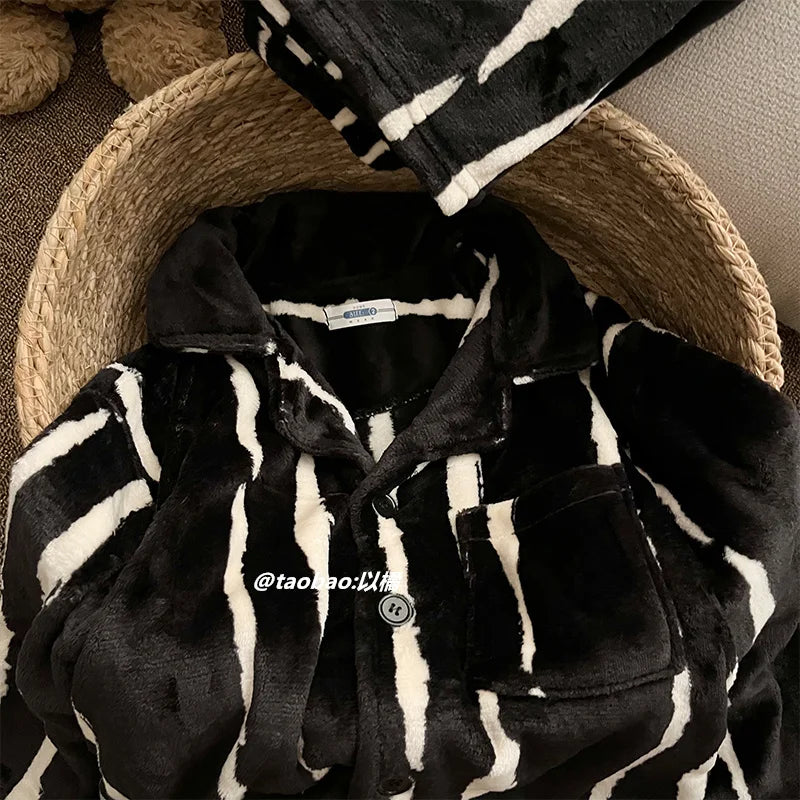 Men's Coral Fce Pajamas Set Thiened Warm Loose Striped Home Clothes Comfortable Breathable All Seasons Spwear