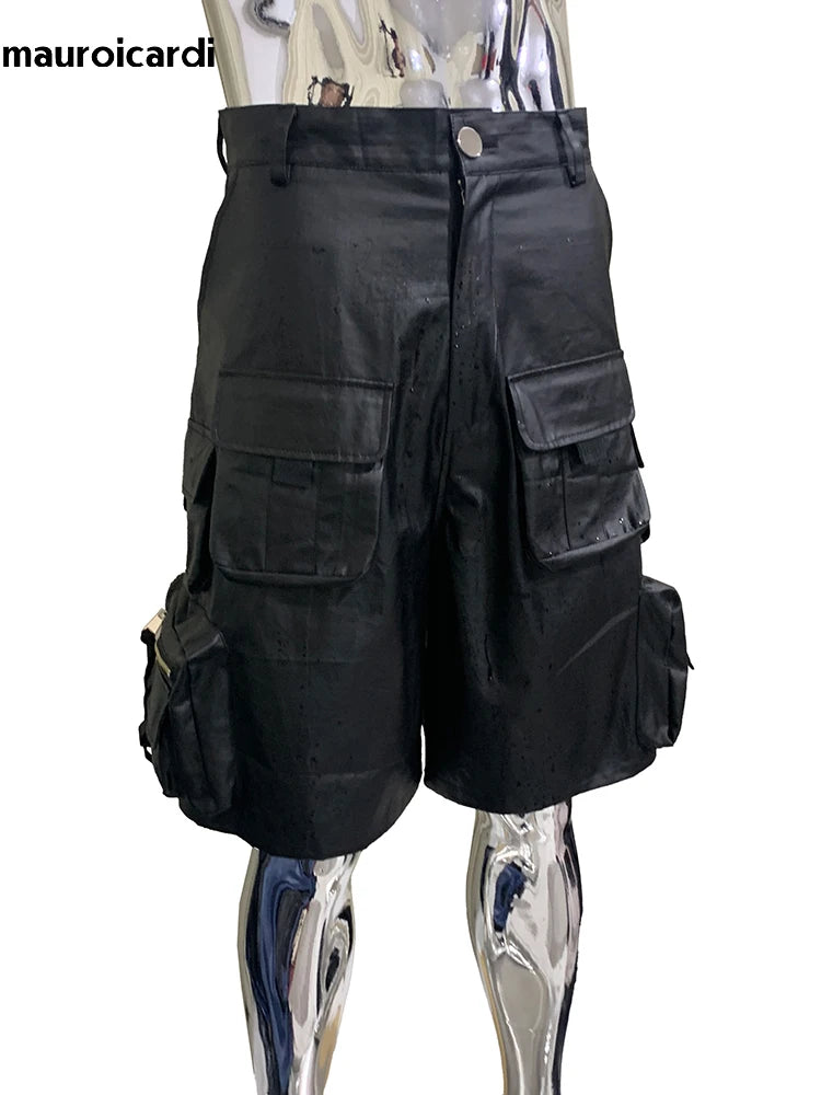 Summer Autumn Waterproof Black Pu Leather Cargo Shorts for Men with Three-dimensional Pockets Cool Luxury Designer Emo Clothes