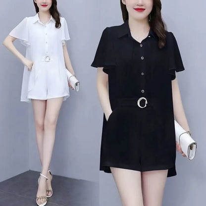 Ladies Fashion Fake Two-piece Top Shorts Loose Temperament and Age Reducing Set Office Lady Simplicity Trend Temperament