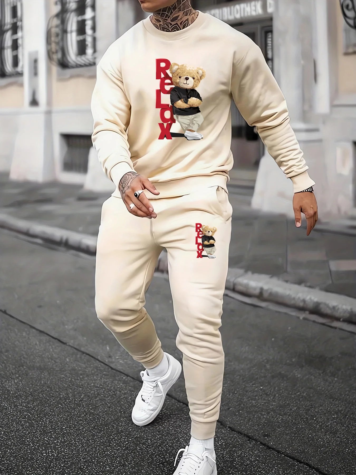 Men's autumn and winter casual warm RELDX bear print loose and thick velvet round neck sweatshirt+sports pants set