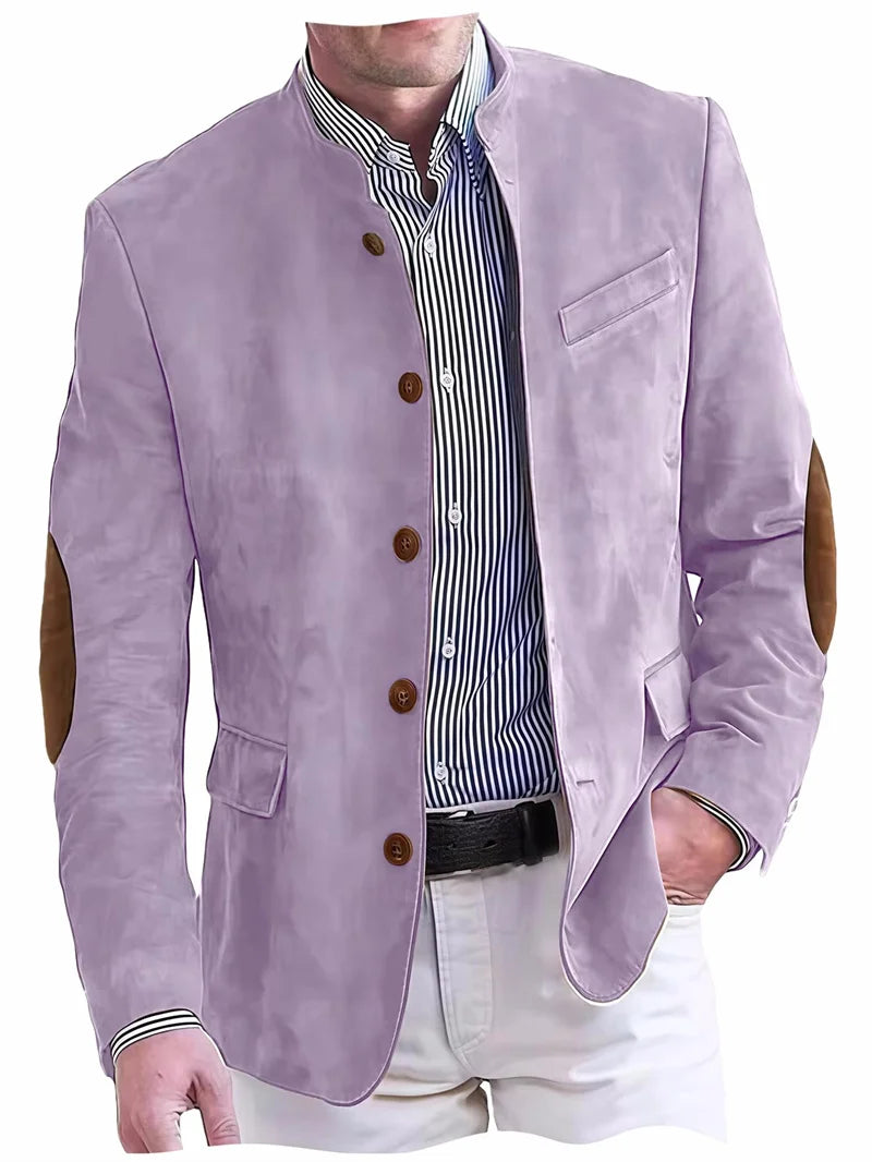 Men's Casual Blazer Flannel Suit Jacket With Elbow Patches Band Collar Brown Button Daily  Casual Slim Fit Customized Business