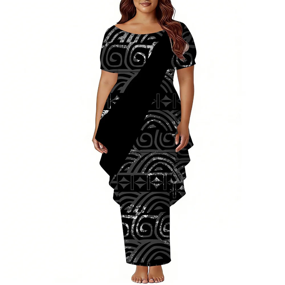 Polynesian Island-Style Women'S Short-Sleeved Puletasi Floral Print Dress Samoan Party Style Evening Dress