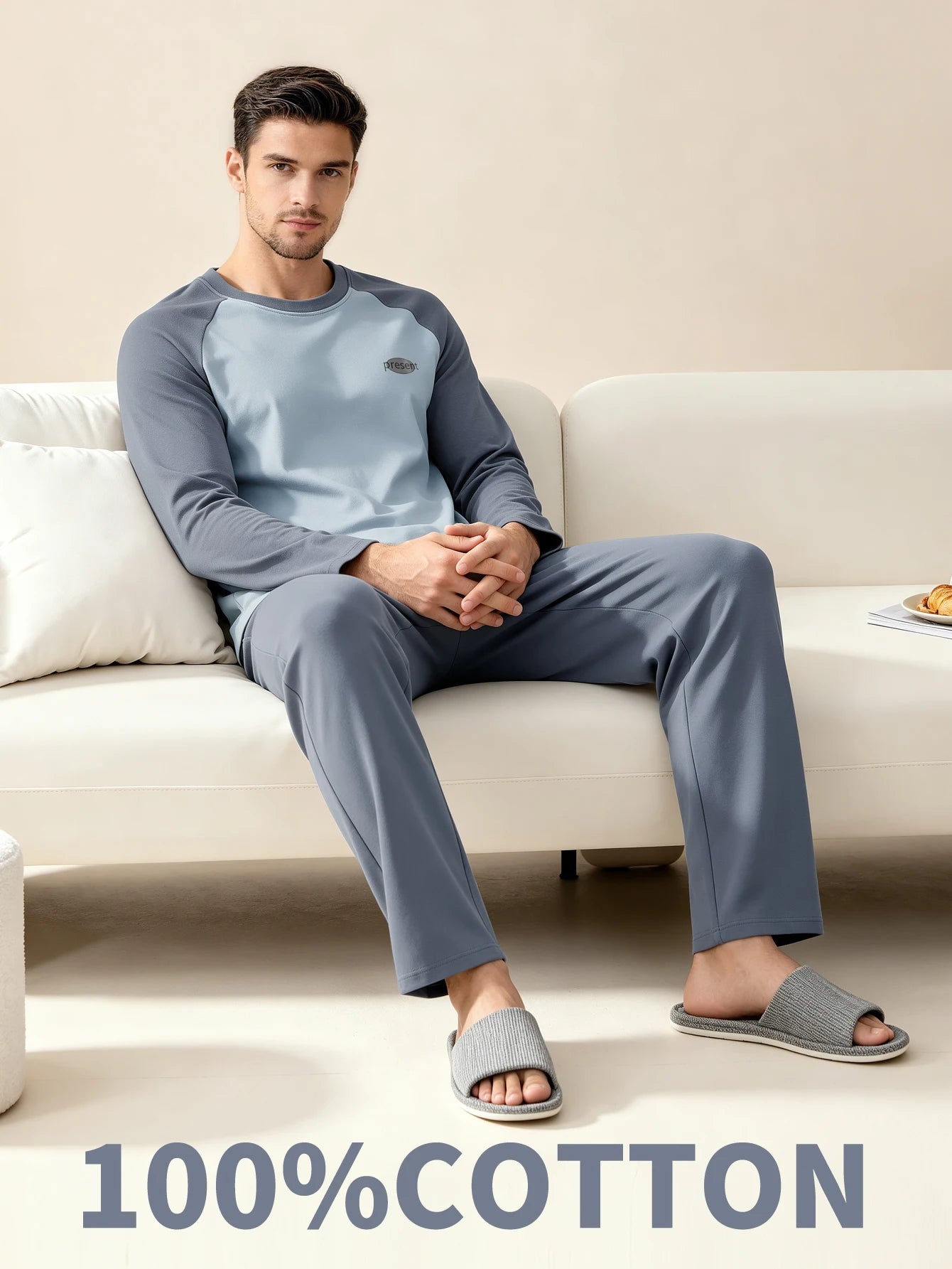Men's 100% cotton long sleeved four season plus size men's sleepwear, teenage pure cotton home suit set for warmth