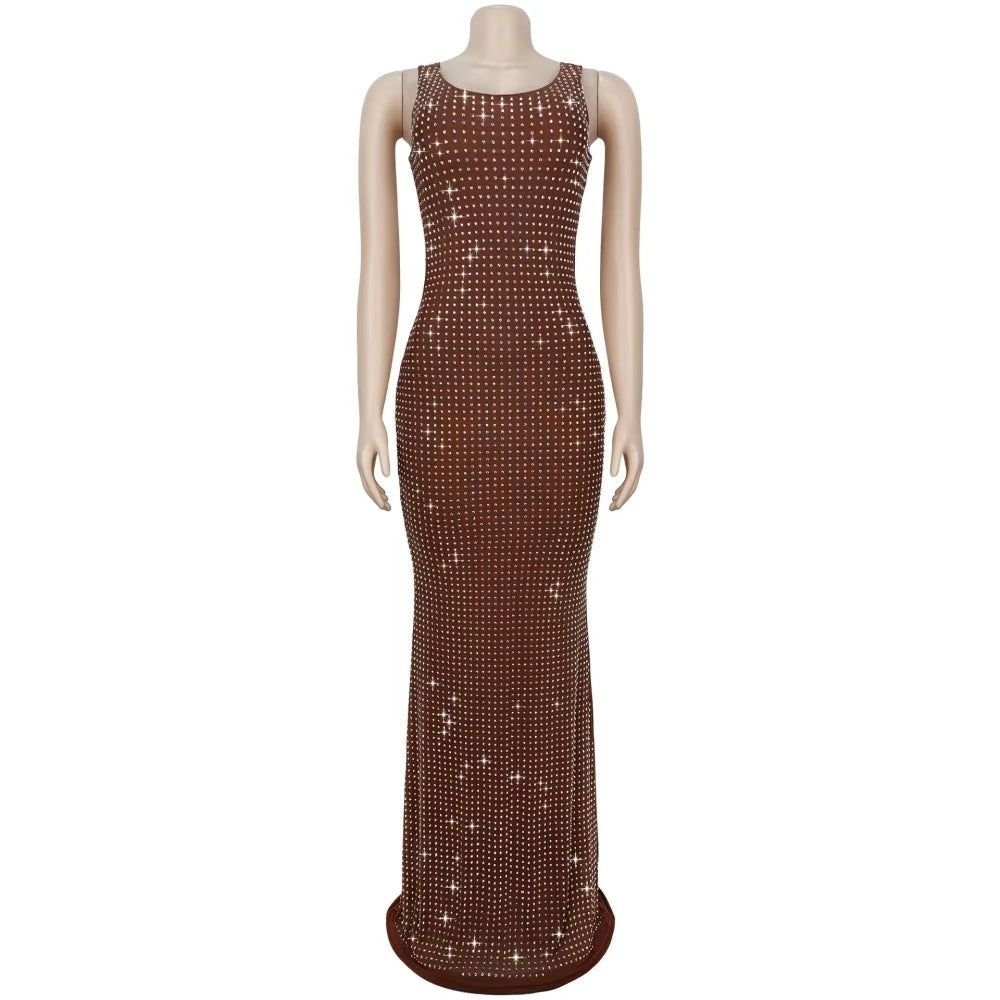RLMABABY Sexy Swinging Collar Diamond Women Club Bodycon Dress Sleeveless Backless Evening Party Long Prom Dress