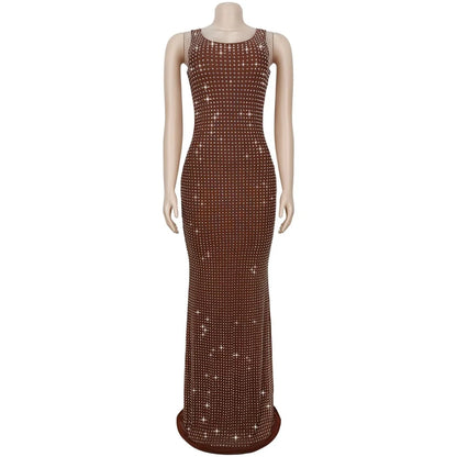 RLMABABY Sexy Swinging Collar Diamond Women Club Bodycon Dress Sleeveless Backless Evening Party Long Prom Dress