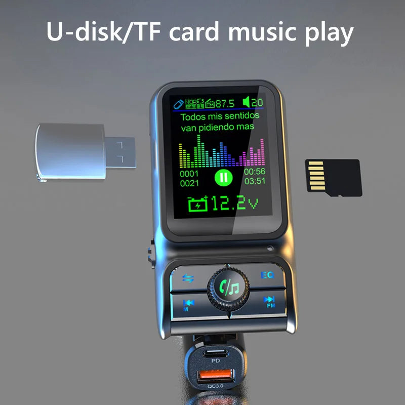 Bluetooth 5.0 FM Transmitter Handsfree Car MP3 Player QC3.0 PD24W Dual USB Quick Charger Colorful Ambient Light Car Accessories