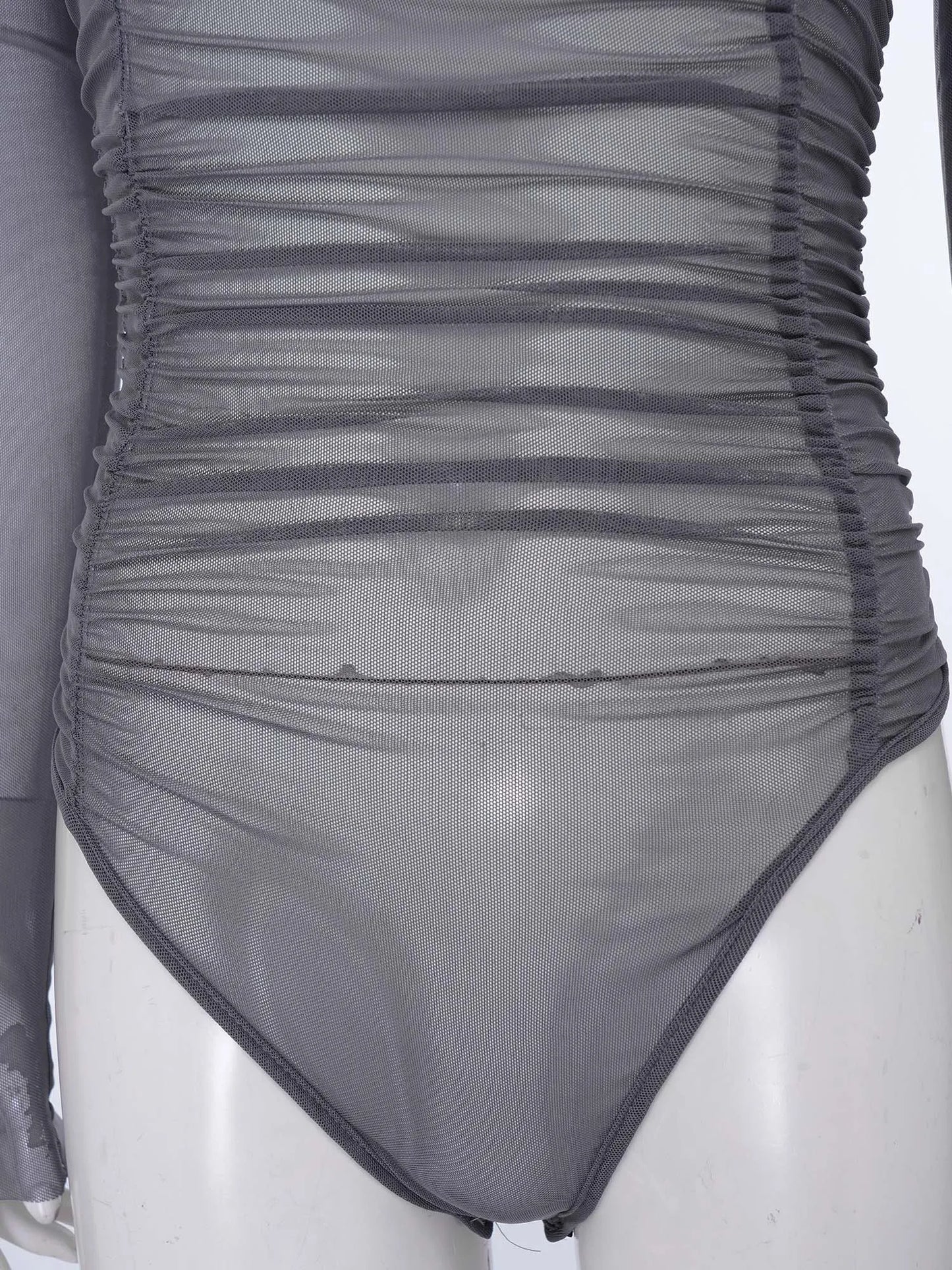 Womens Nightclub Beach Bodysuit Sheer Mesh Side Ruched High Collar Long Sleeve Button Crotch Leotard See Through Cover Up Outfit