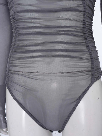 Womens Nightclub Beach Bodysuit Sheer Mesh Side Ruched High Collar Long Sleeve Button Crotch Leotard See Through Cover Up Outfit
