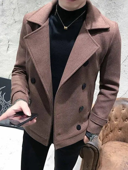 Men's Woolen Coat Short Thickened Winter Fashionable Slim Fit Double Breasted Nylon Jacket Korean Style Windbreaker Outerwear