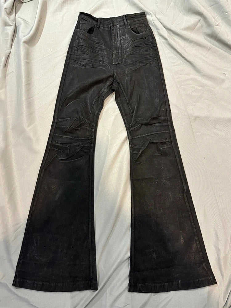 Handmade Bootcut Jeans Men's High Street Style Heavyweight Wax Coated Black Leather Bootcut Jeans Casual Wear Autumn Season