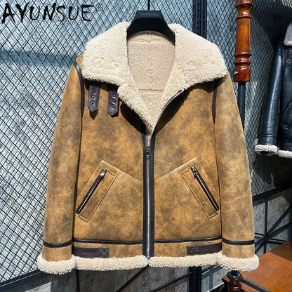 AYUNSUE Winter Leather Fur Coat Men Natural Sheepskin Fur In One Fur Coat Thick Warm Male Genuine Leather Jacket Chaquetas Lq