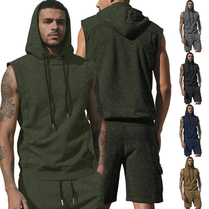 Men’s Sleeveless Hoodie and Shorts Set 2 Piece Workout Outfit Gym Sportswear 2026