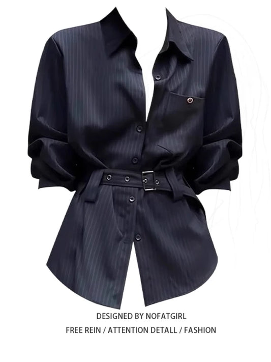 plus Size Women's Retro Striped Shirt Loose Fit Long Sleeve Comfortable Breathable Korean Style Office Wear Autumn New Design