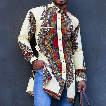 2026 Muslim Tops Men's Ethnic Style Long-sleeved Stand-up Collar Shirts Casual Slim Irregular Hem Blouses Male Morocco Dubai Top