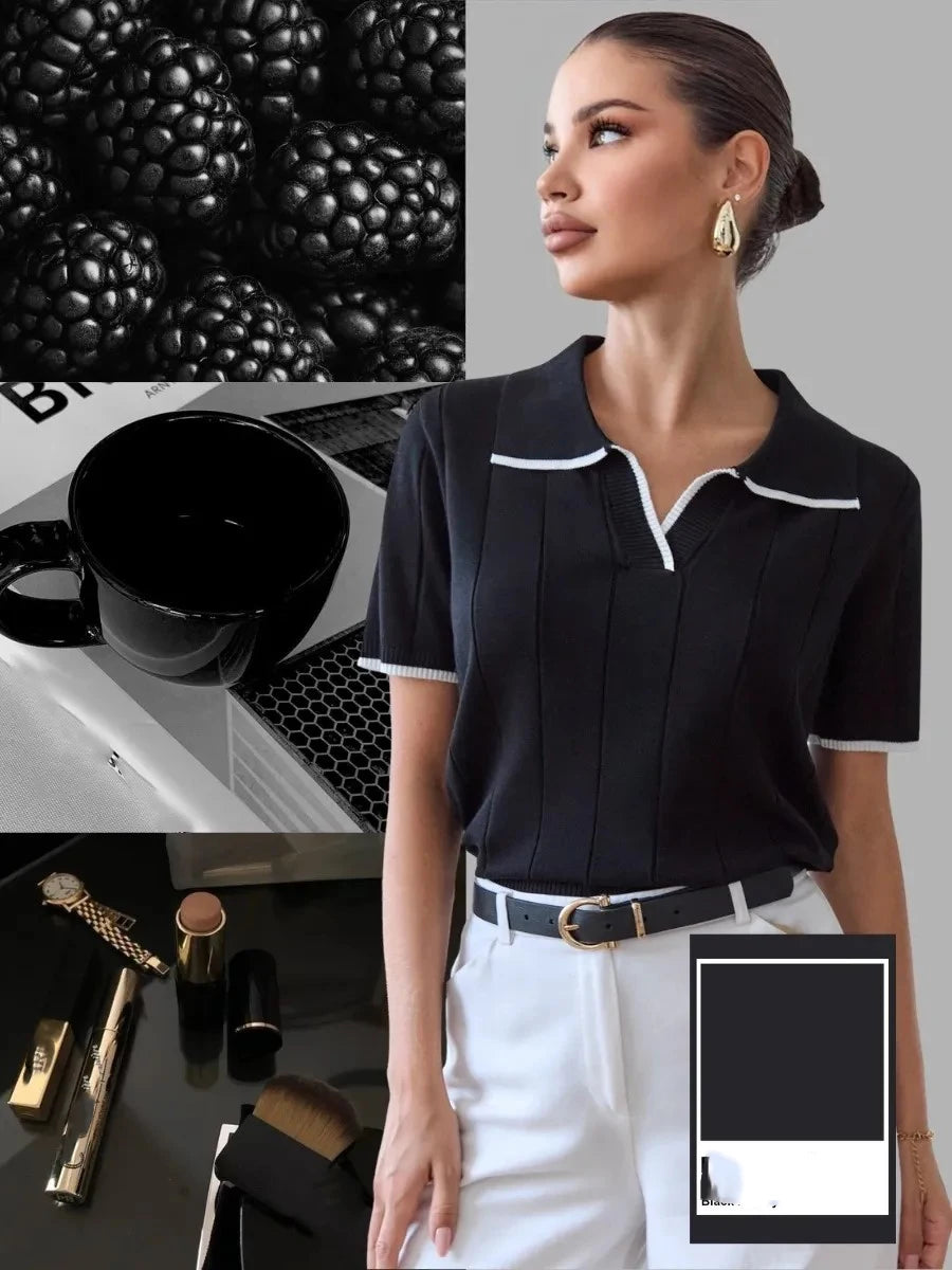 Brown Contrast White Trim Knit Polo Top for Women Short Sleeve V Neck Slim Fit Casual Knitwear