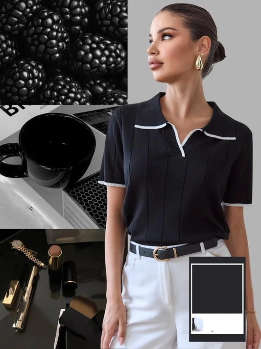 Brown Contrast White Trim Knit Polo Top for Women Short Sleeve V Neck Slim Fit Casual Knitwear