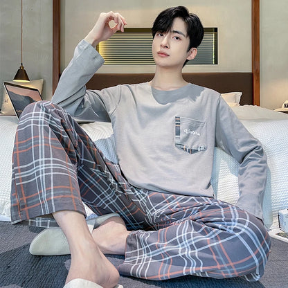 Soft Cotton Pajamas Autumn Men's Plaid Sleepwear Big Yards L-4XL Pajama Sets Casual Sleep&Lounge Pyjamas Pijamas Hombre
