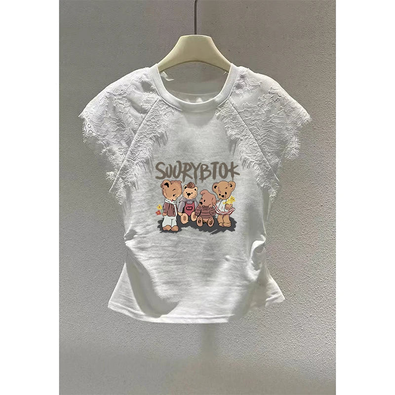 Retro Black Lace Mesh Short Sleeve Top Women Summer Fly Sleeve Short T-Shirt Outlet Store Printed Slim Fit Cotton Polyester