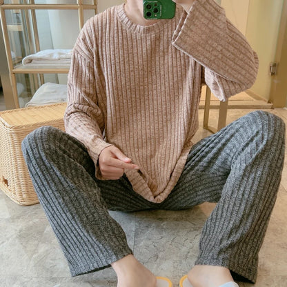 Grey Knitted Fleece Lined Long Sleeve Sleepwear Set for Men Autumn Winter Warm Home Clothes Set Large Size Comfortable Leisure