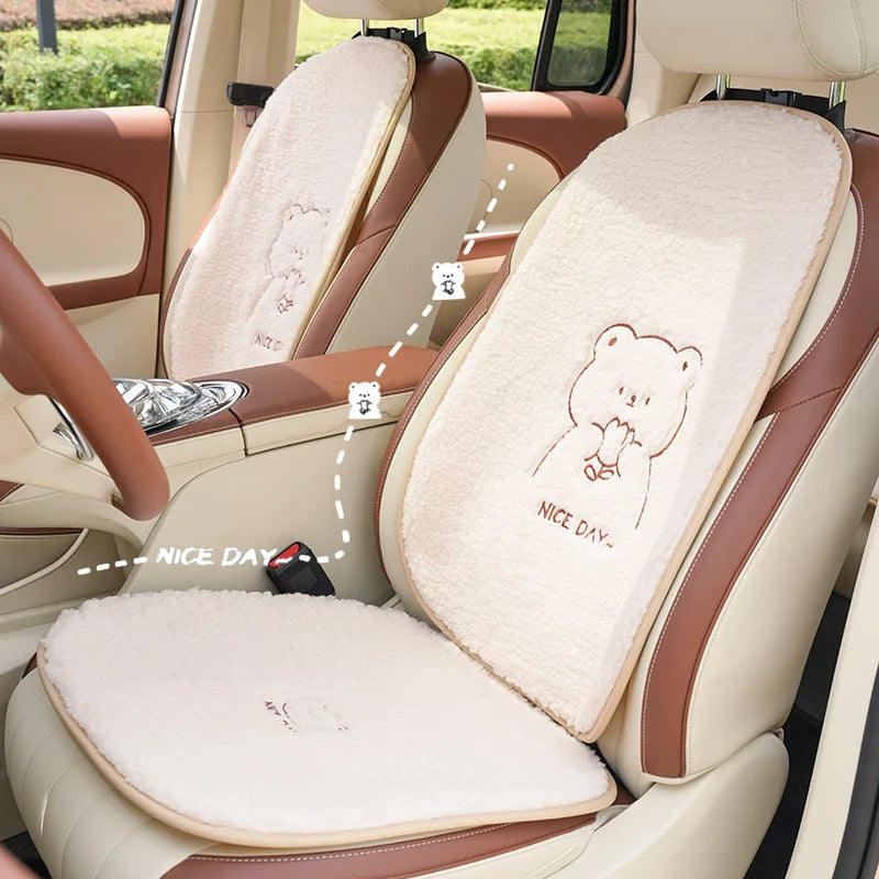 Premium Fuzzy Bear Car Seat Cushion Autumn Winter Thermal Vehicle Seat Cover with Thick Padding Cute Animal Themed Car Accessory