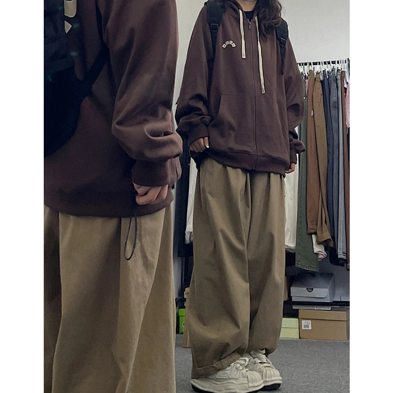 Brown Loose Straight Leg Workwear Pants Women's Spring Autumn plus Size Comfortable Casual American Style Wide Leg Trousers